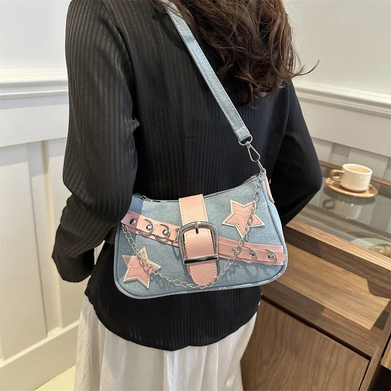 Fashion Women's Handbags Denim Stars Pattern Cool Girls Underarm Bag Female Small Shoulder Hobo Bags Chain Tote Bag