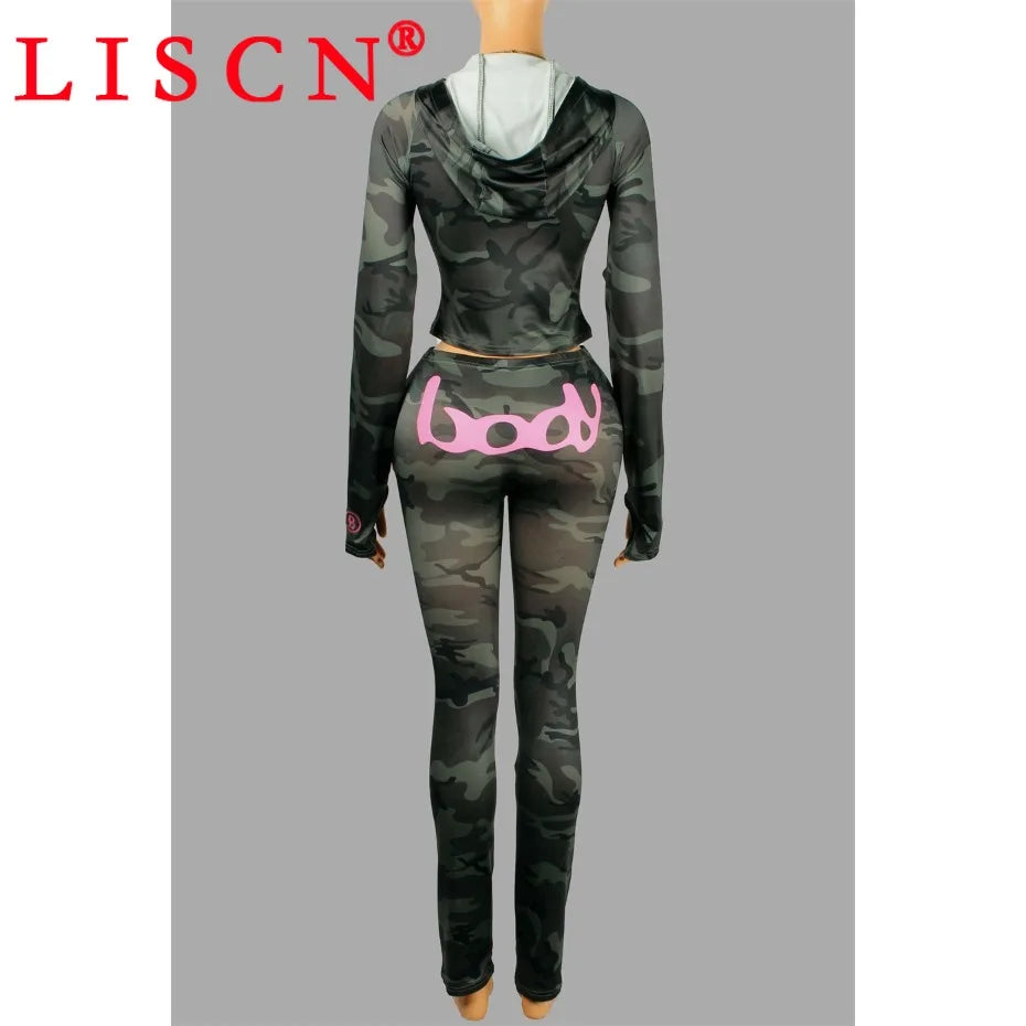 10 Wholesale Fall Tracksuits Camouflage Printing Two Piece Set Womens Outfits Slim Long Sleeve Hooded Jackets + Pants K15697_2