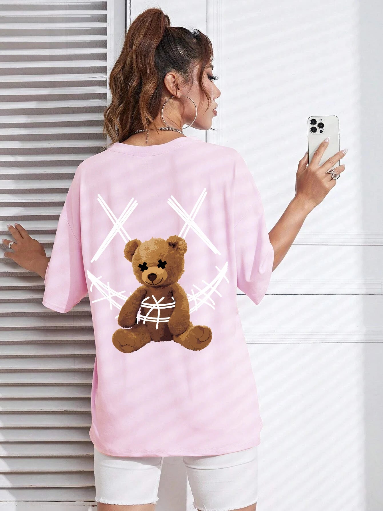 A Stuffed Bear Bound With A Bandage Print T-Shirts Female Casual Soft Tops Fashion Cool Tee Clothes Street Summer Short Sleeves