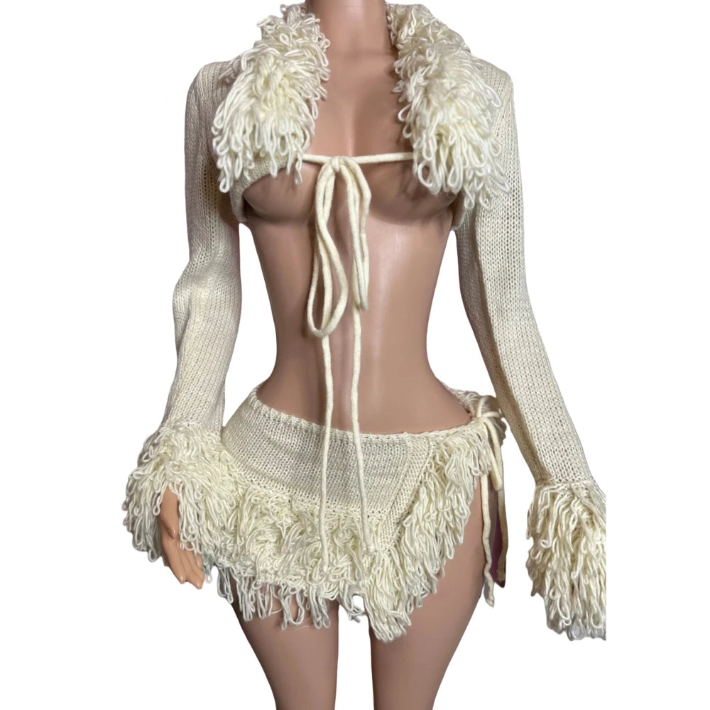 HLJ&GG Apricot Sexy Knitting Tassels Bandage Two Piece Sets Women Long Sleeve Hollow Crop Top And Side Slit Mini Skirts Outfits