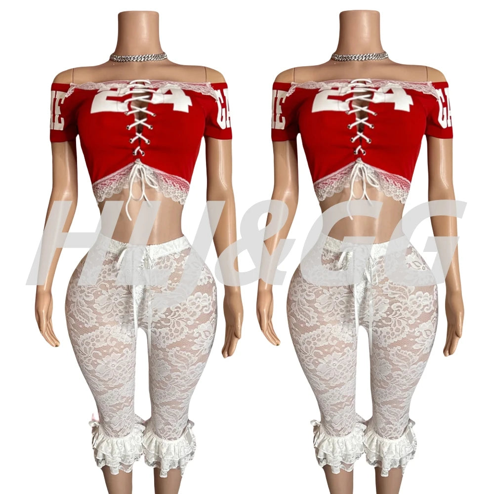 HLJ&GG Red Y2K Letter Lace Splicing Bandage Two Piece Sets Women Off Shoulder Hollow Crop Top And Skinny Ruffle Shorts Outfits