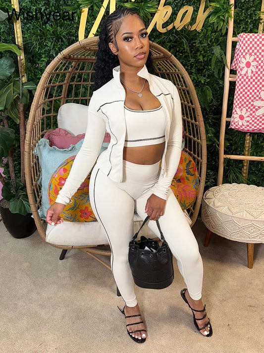 Sports Women's Stripe Pink 3-Piece Pants Set Long Sleeve Crop Top Tank Leggings Skinny Autumn Active Fitness Streetwear Outfits