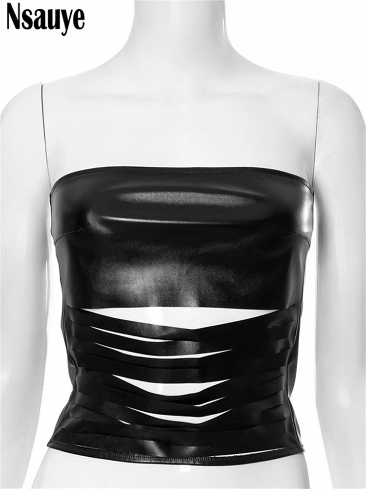 Nsauye Strapless Women Basic Casual Streetwear Night Club Fashion Summer Crop Tops PU Leather Mini Skinny Hollow Out Tank Tops