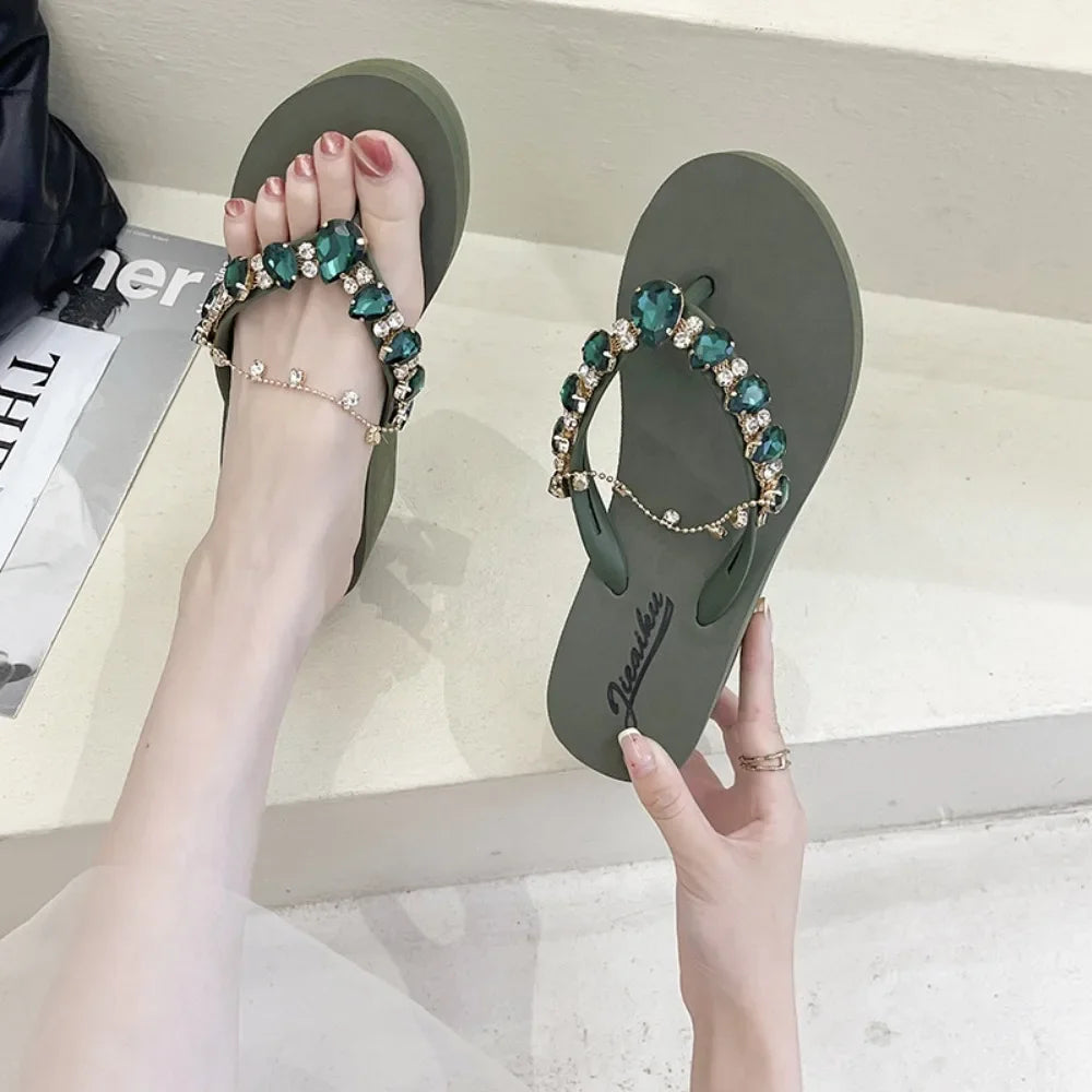 Women Slippers Fashion 2026 Summer New Water Diamond Flip Flops Women Outwear Thick Sole Slope Heels Beach Vacation Slippers