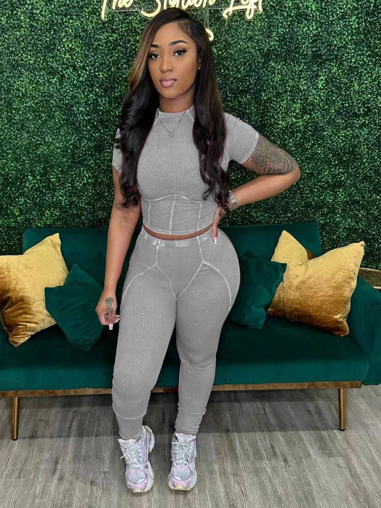 Kricesseen Breaking The Rules Mineral Wash Set Two-Piece Outfits Casual Ribbed Tracksuits Set Night Club Outfits Fitted Overalls