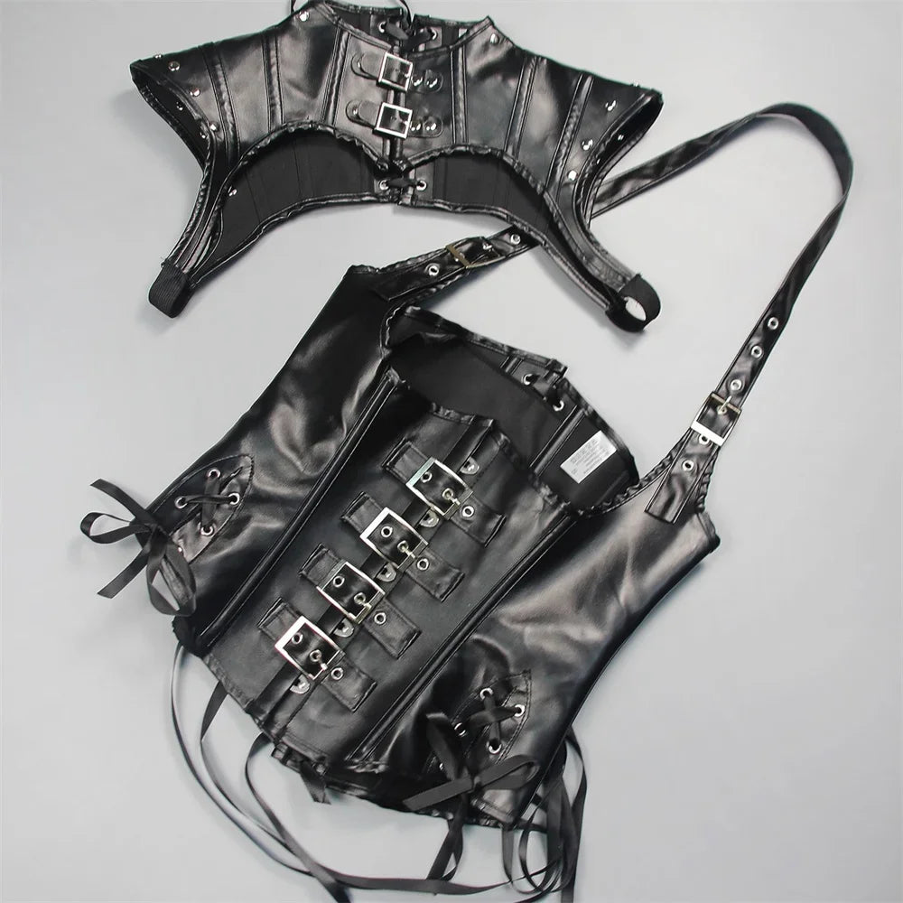 Faux Leather Corset Set Women's Steampunk Gothic Cosplay Game Armor Outfit Sexy Bustier Tops Nightclub Rave Costume