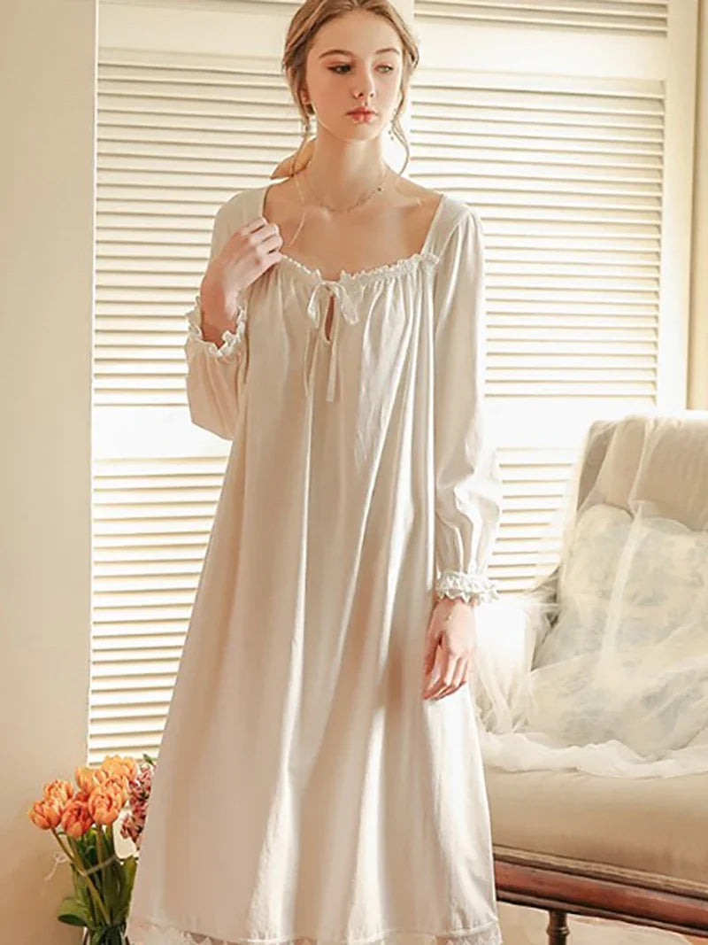 Women Cotton Spring Nightgowns Vintage Princess Nightdress Long Sleeve Loose Pajama Dress Ruffles Lace-up Victorian Sleepwear