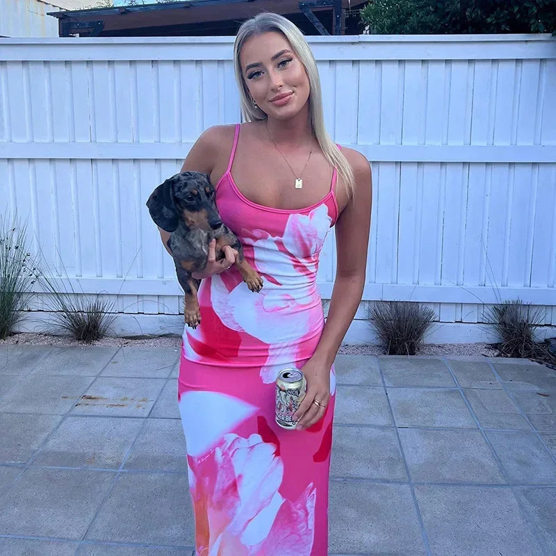Elegant Printed Backless Long Dress Summer Women's Fashion Contrast Color Party Dress Patchwork Suspender Long Dress 2024 New