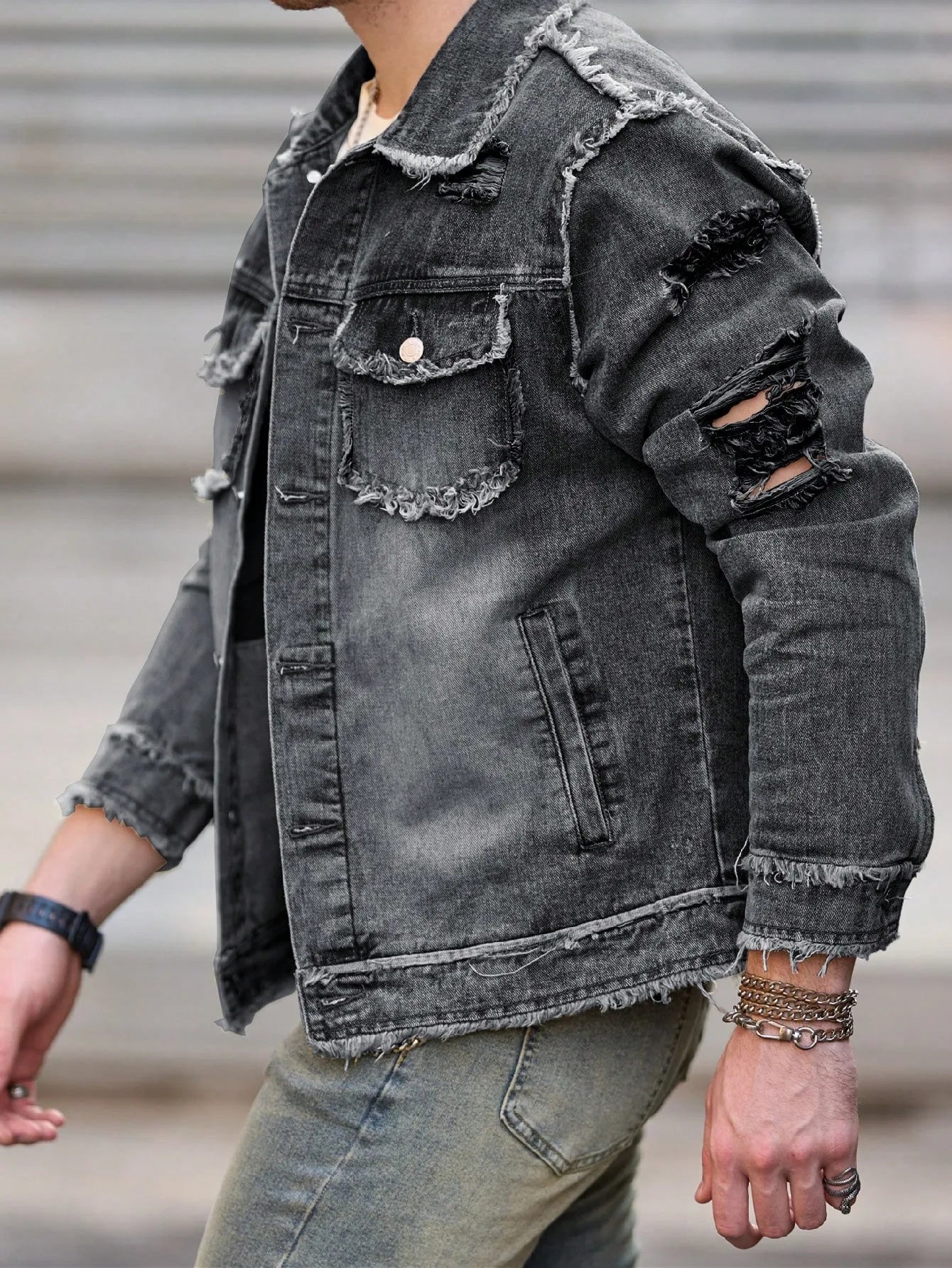 1pc Men's U2K Minimalist Style Ripped Raw Edge Ripped Casual Denim Jacket, Stylish Design for Everyday Wear Flight Jacket Denim