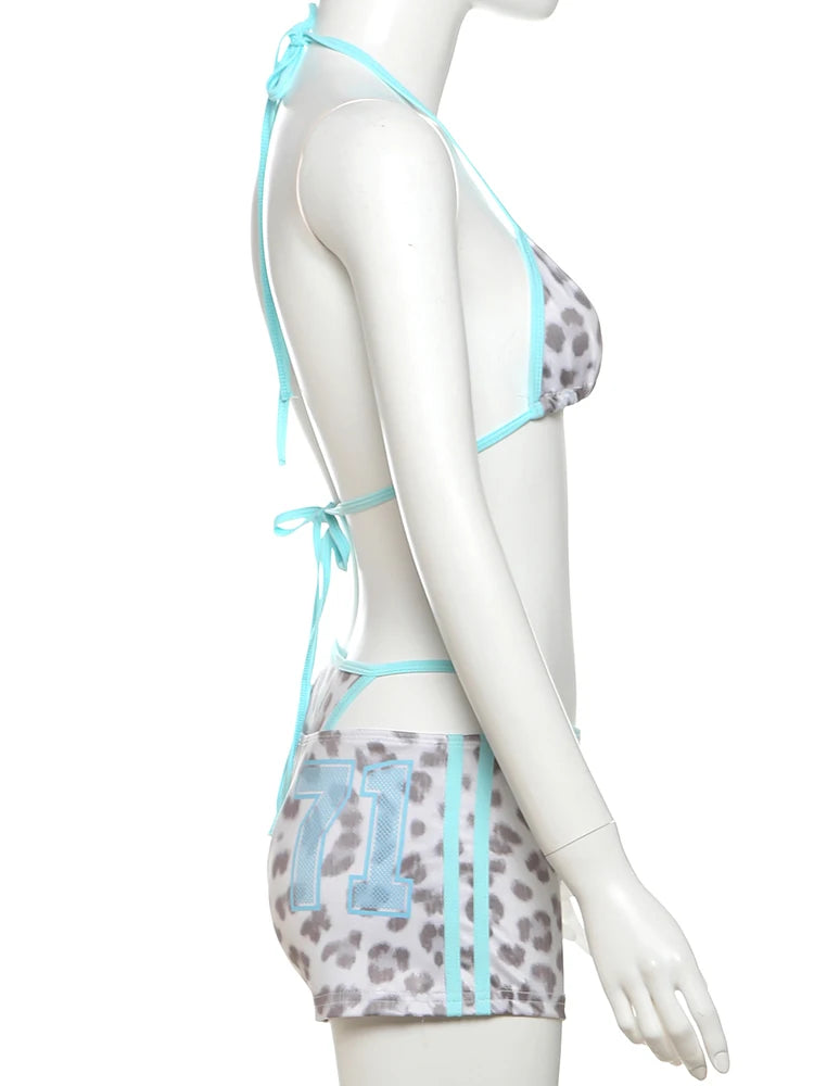 Weird Puss Leopard Print Sexy 3 Piece Set Women Beach Vacation Halter Bra+Panties+Shorts Summer Midnight Matching Party Clubwear