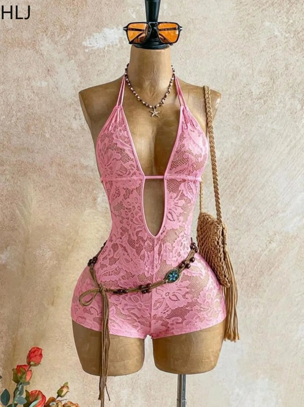HLJ Summer New Sexy Lace See Through Patchwork Bodycon Rompers Woman Deep V-neck Backless Jumpsuits Female Streetwear Overalls