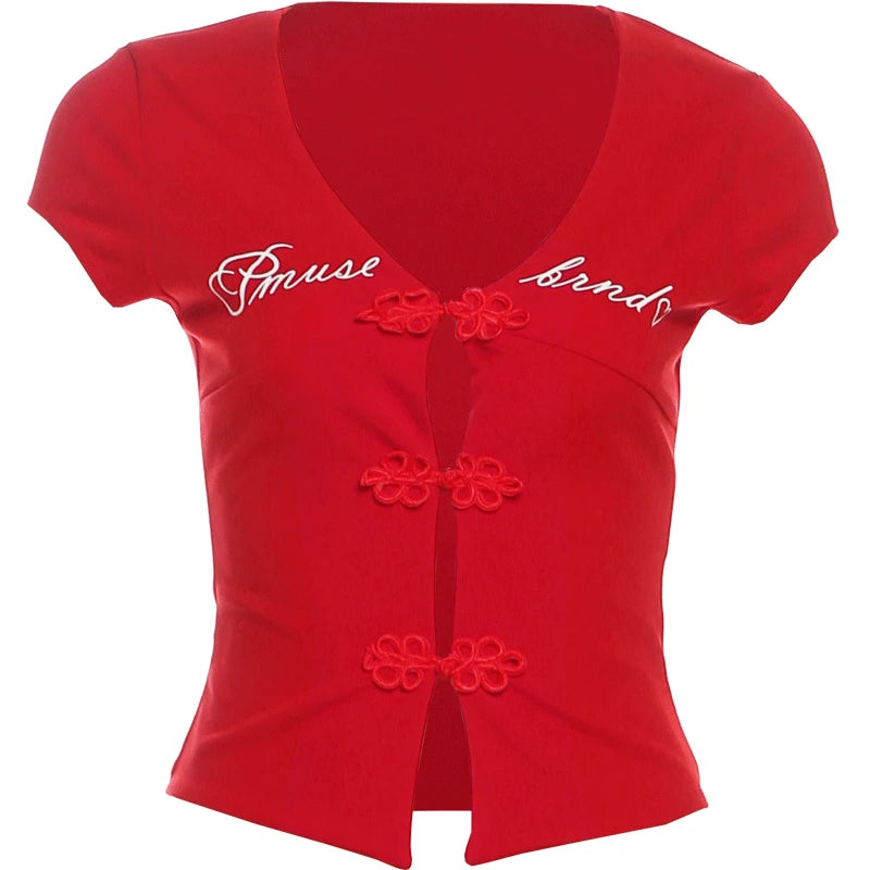 Weird Puss Sexy Letter Print T-Shirt Women Hollow Cheongsam Button V Neck Midnight Hottie Versatile Street Skinny Crop Tops