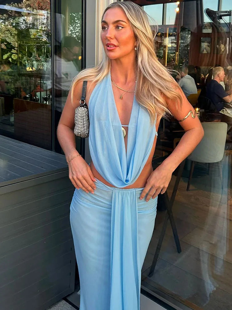 Weird Puss See Through Women 2 Piece Set Y2K Halter Swing Collar Seashell Tank Tops+Ruched Waist Maxi Skirts Midnight Clubwear