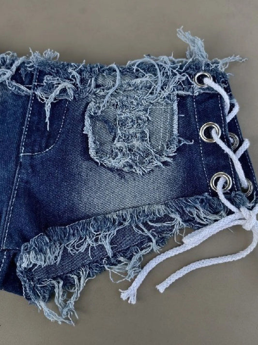Women Low Rise Denim Shorts Side Lace Up Ripped Frayed Hem Y2K Summer Hot Pants Sexy Streetwear 2026