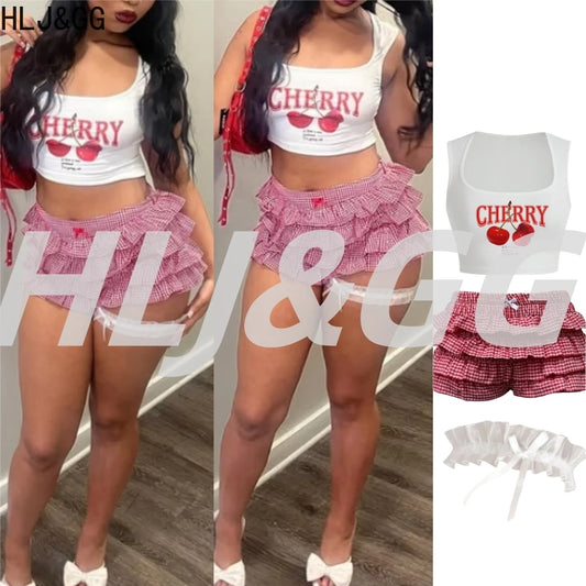HLJ&GG Y2K Sweet Cherry Print Two Piece Sets Women Round Neck Sleeveless Slim Tank Top And Ruffle Plaid Shorts Outfit Streetwear