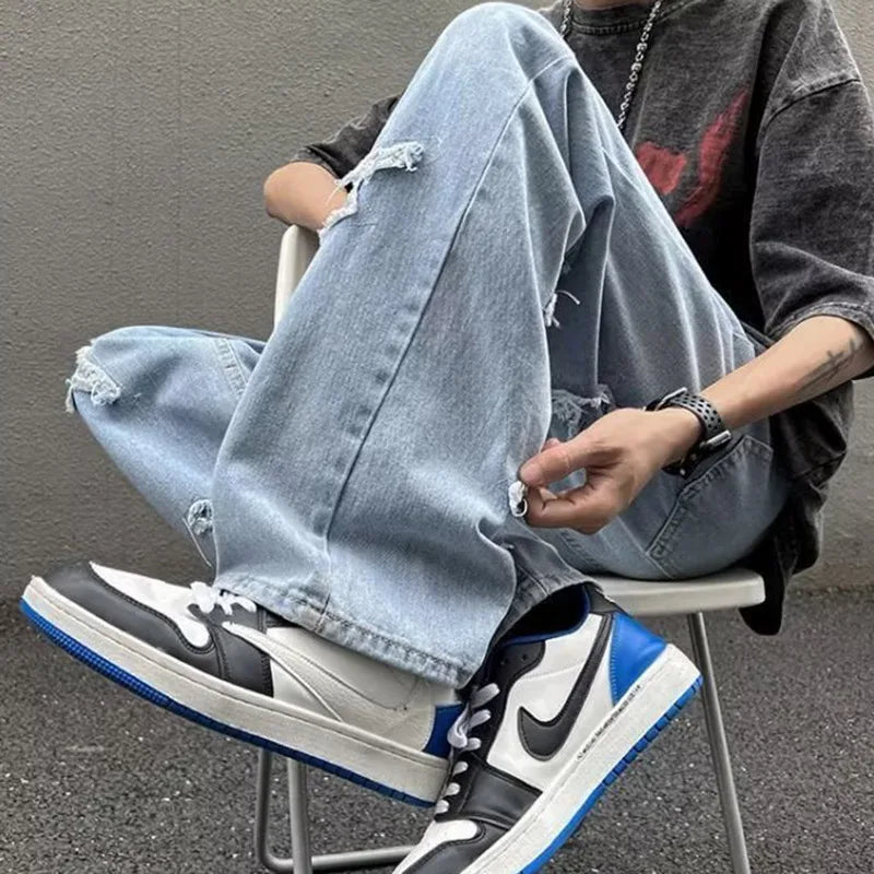 Straight Leg Denim Jeans Male New Fashion Casual Loose High Street Y2k Pants New Wide Leg Hip Hop Black Blue Pants