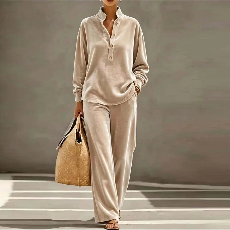 Autumn Winter Solid Soft Velvet 2 Piece Set Women Fashion Stand Neck Button Blouses High Waist Pants Sets Long Sleeve Warm Suits