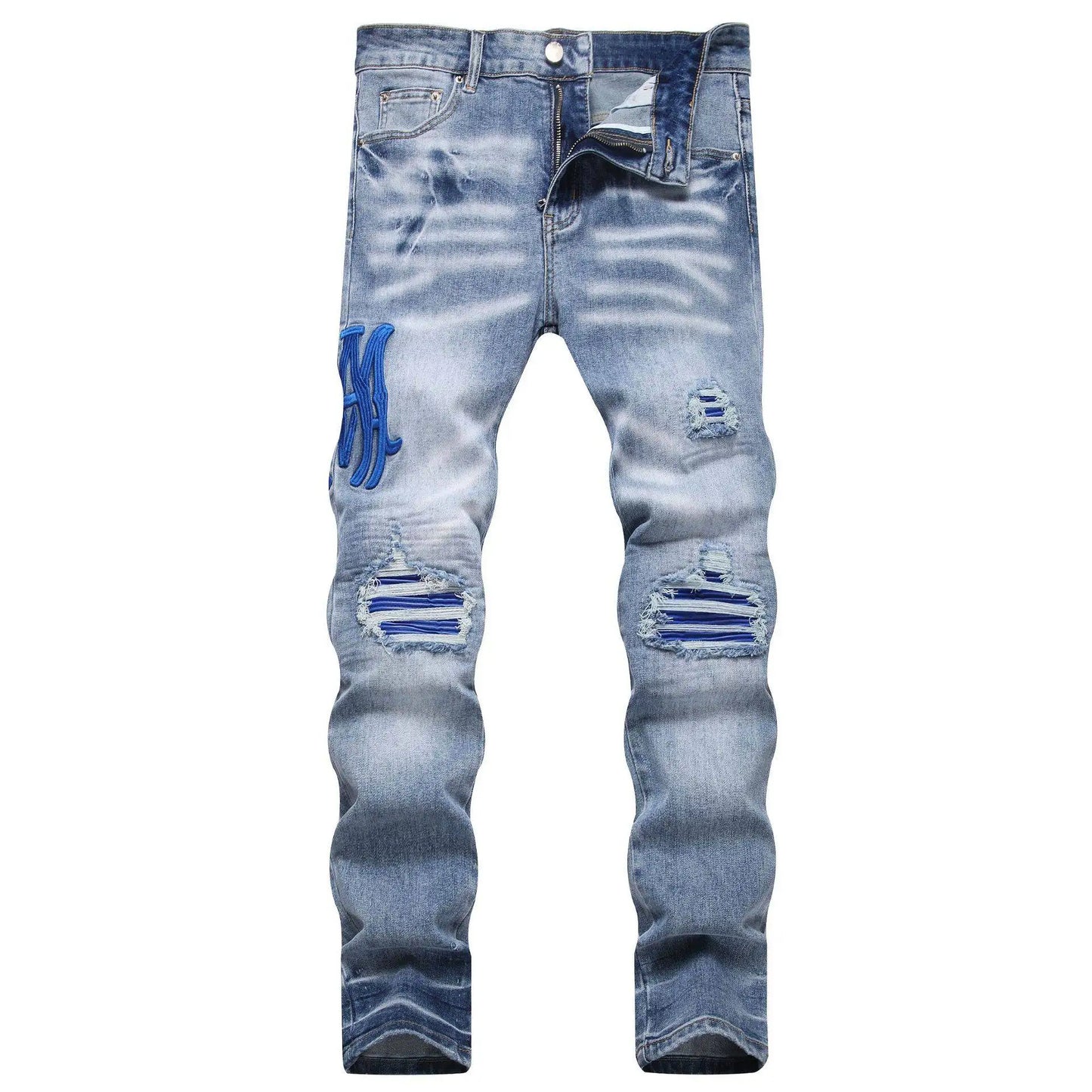 Current AM Brand Embroidered Distressed Patch High Street Youth Men's Slim Fit Skinny Pants