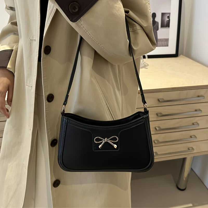 Solid Color Bowknot Shoulder Bag, Elegant Small Square Bag, Suitable for Women Handbags, Zipper Closure,Fashion Underarm Bag,