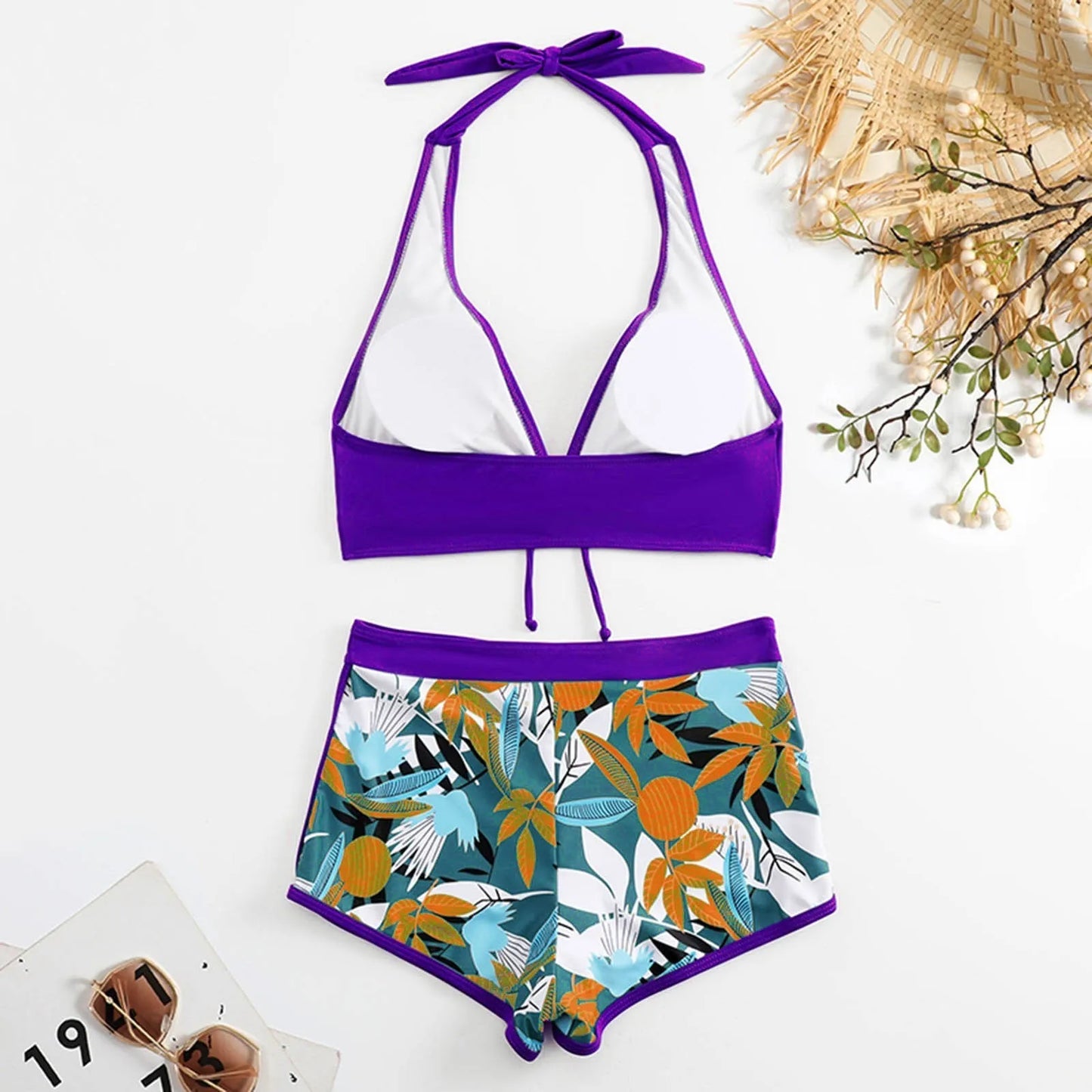 Shorts Bikinis Set  High Waist Swimsuit Women Swimwear  Plant Print Bathers Bathing Swim Suit Beachwear