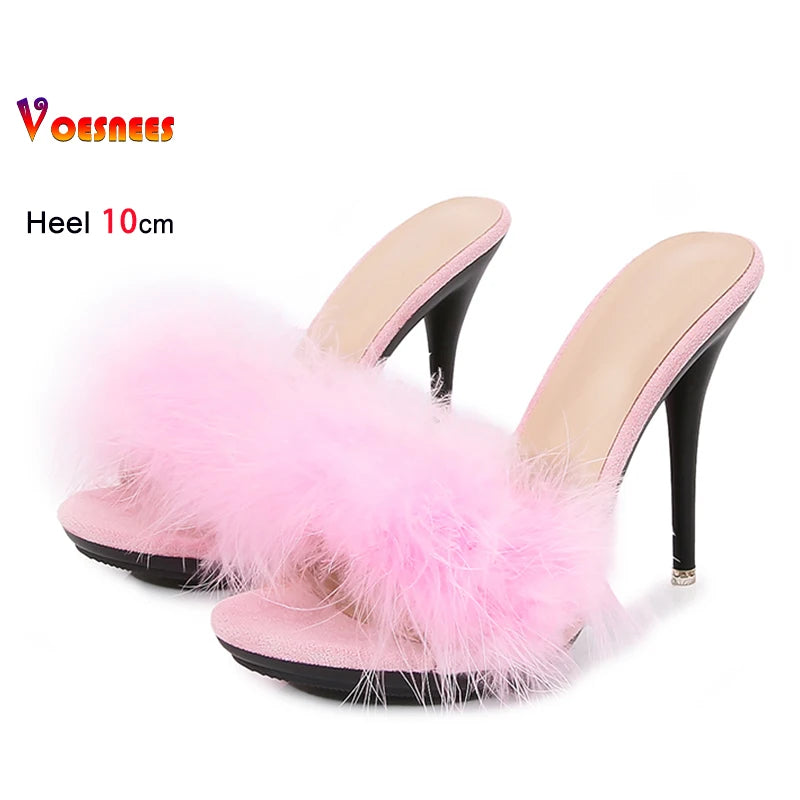 10CM Thin High Heel Designer Plus Size Summer Slippers For Ladies 2025 New Furry Slip-on Women's Shoes Pink Fur Slides Sandals