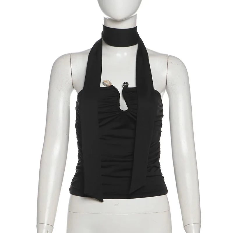Nsauye Summer Women Casual Mini Skinny Black Y2K Fashion Ribbon Halter Crop Tops Sleeveless Sexy Club Strapless Tank Tops 2025