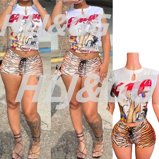 HLJ&GG Fashion American Vintage Style Pattern Print Two Piece Sets Women O Neck Sleeveless Top And Tiger Bandage Shorts Outfits