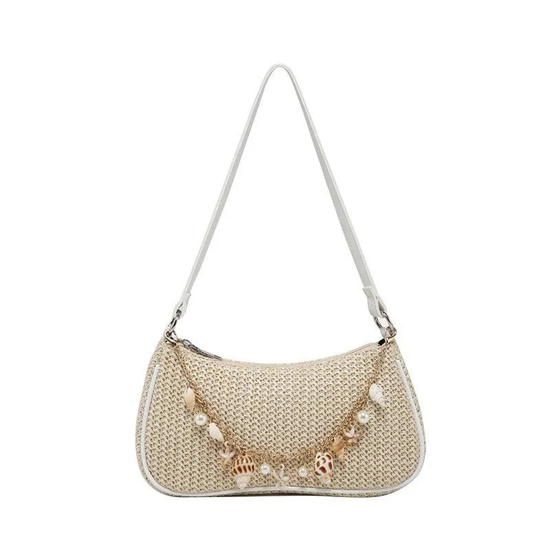 Bohemian Summer Straw Shoulder Bag with Ocean Shell, Starfish & Seahorse Charms, Perfect for Beach Vacation & Tropical Getaways