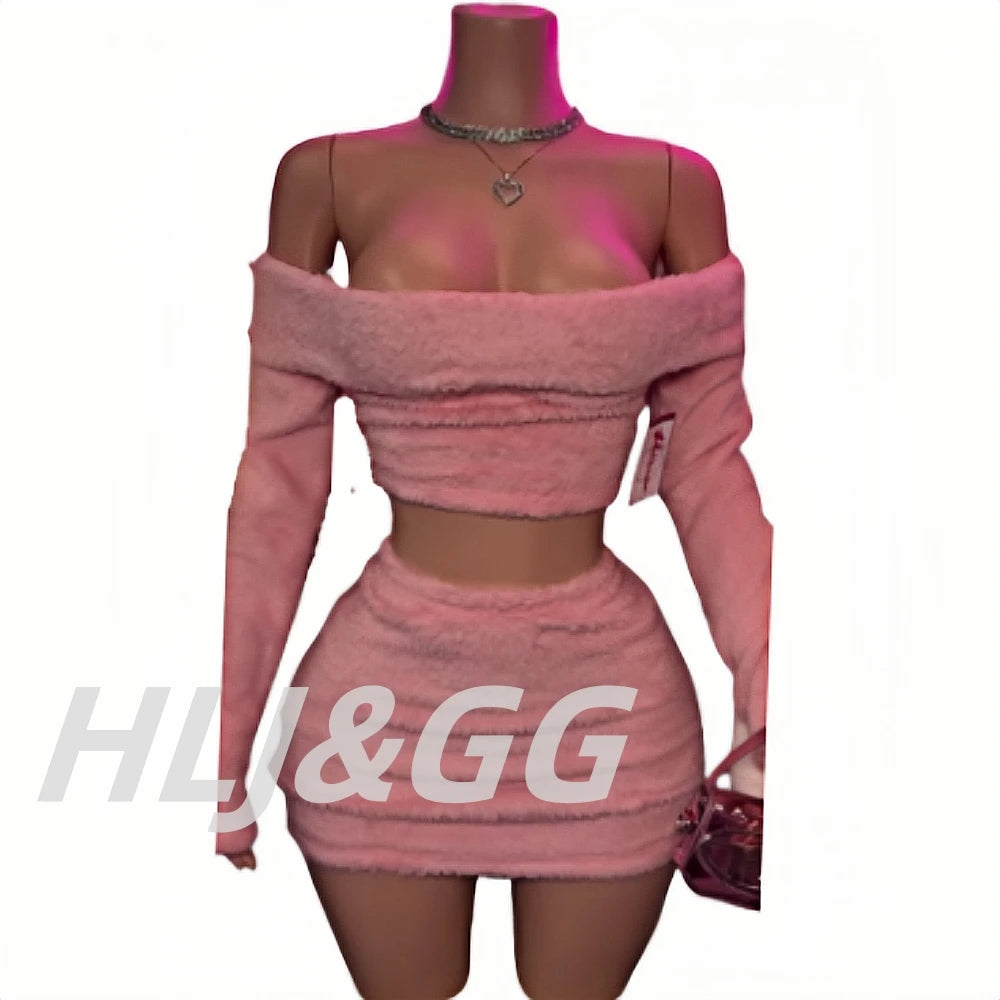 HLJ&GG Fashion Off Shoulder Fur Mini Skirts Two Piece Sets Women Long Sleeve Backless Slim Crop Top And Skirts Outfit Streetwear