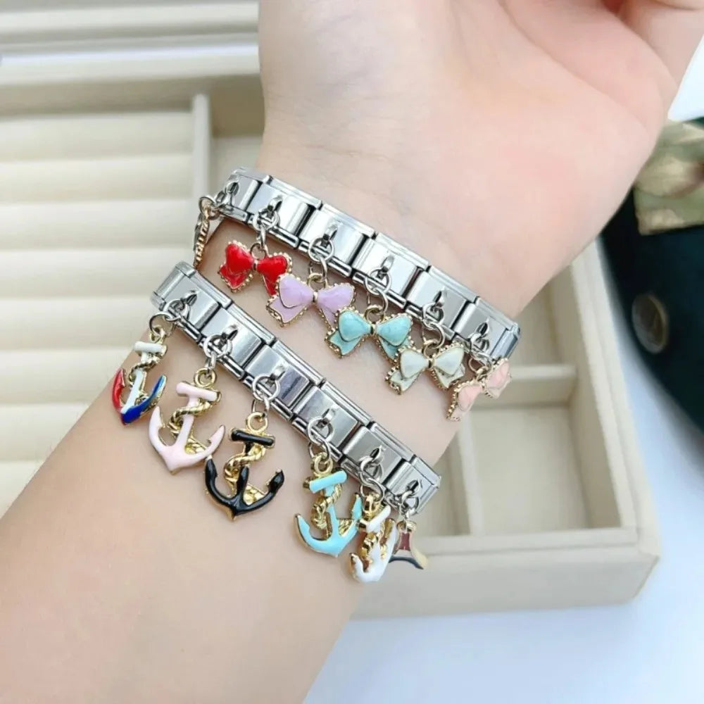 2025 NEW Popular Bow Anchor Pendant Elastic Charm Italian Links Fit 9mm Modular Bracelet Making DIY Jewelry Bulk
