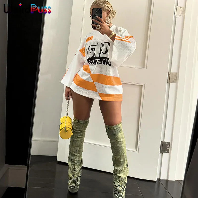Weird Puss Casual Hipster Women T-Shirt Contrast Letter Print Long Sleeve V-Neck Wild Streetwear Loose Summer Comfortable Tees