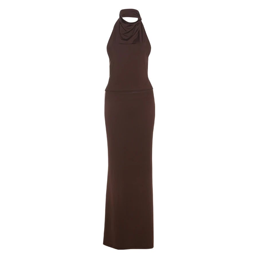 Weird Puss Simple Hollow 2 Piece Set Women Summer Halter Swing Collar Backless Crop Tops+Long Skirts Vacation Matching Outfits