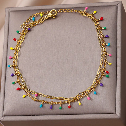 Bohomian Style Colorful Beads Anklets For Women Gilrs Gold Color Stainless Steel Anklet Bracelet Femme Summer Jewelry Gift