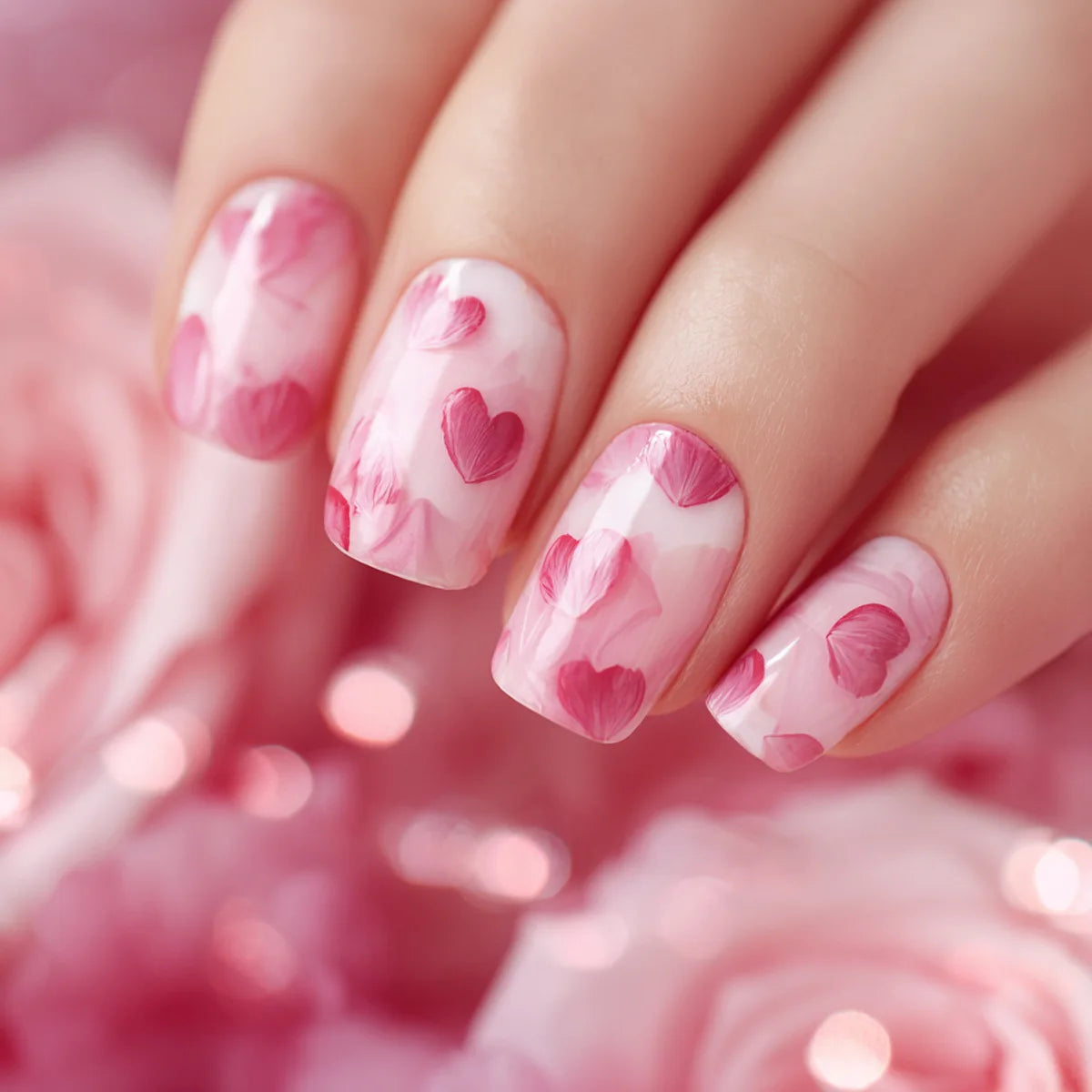 Y2K Girls Black French Fake Nails 24Pcs Short Square Press On Nails Pink Love Heart/Dot Printed Valentine's Day Charm Manicure