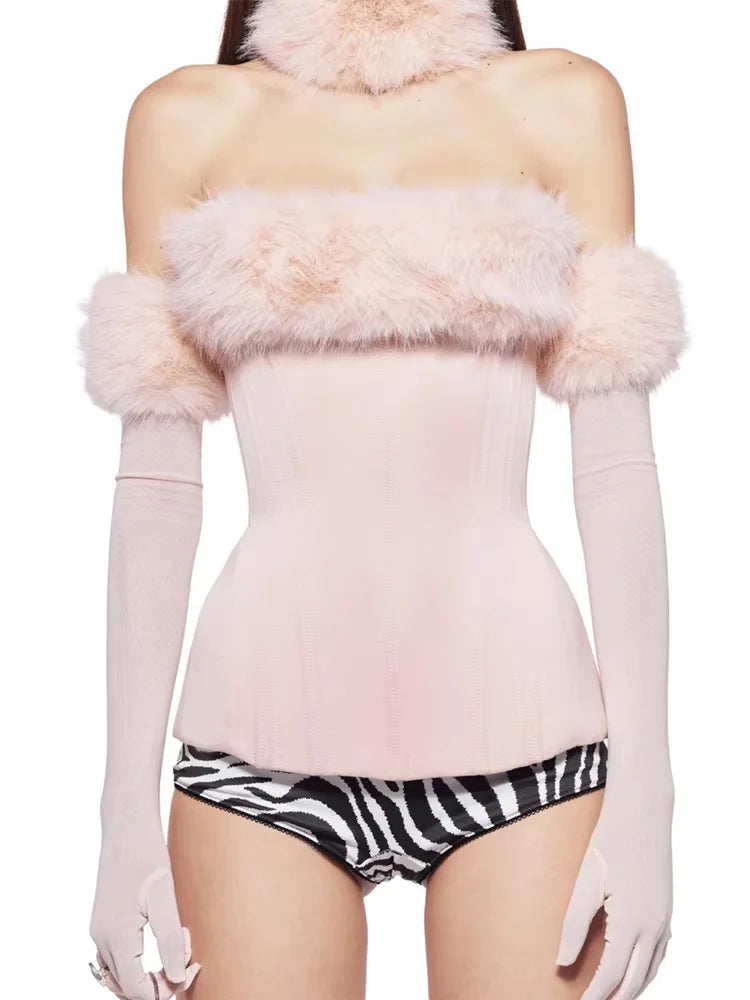 Weird Puss Christmas Furry Strapless Tops Women Patchwork Sexy Long Gloves Matching Birthday Luxury Classic Midnight Clubwear