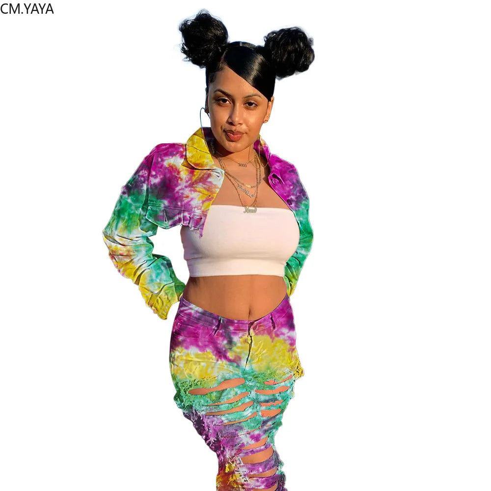 CM.YAYA Autumn Tie Dye Women Long Sleeve Mini jeans Coat Fashion Lady Jackets
