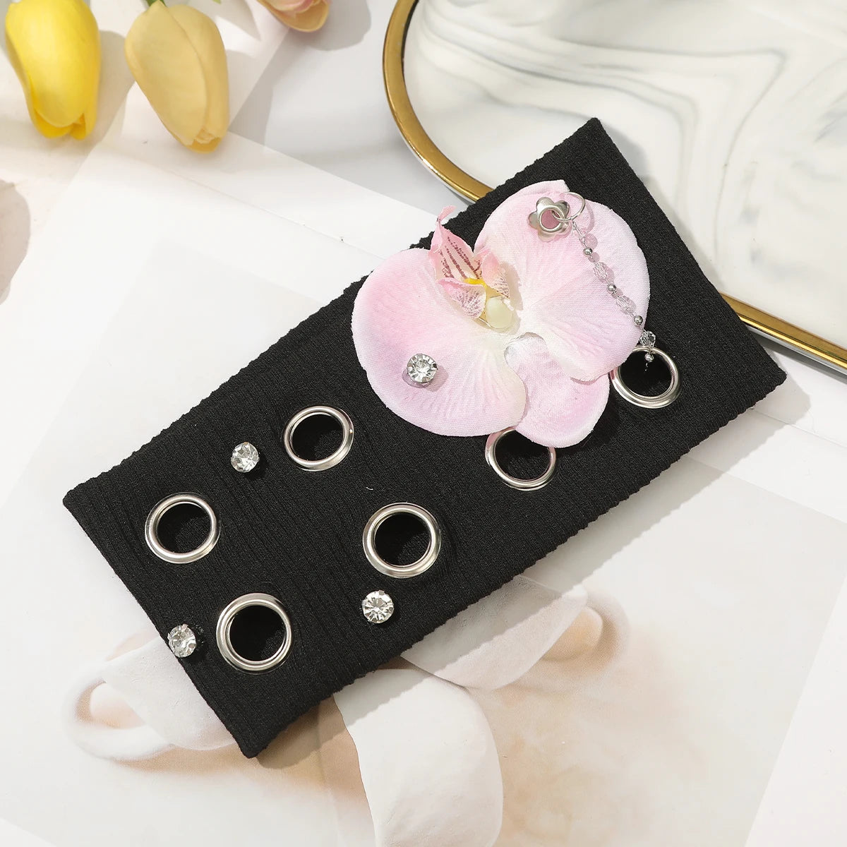 AWAYTR Punk Girl Fabric Hollow Elastic Headbands Metal Rock Personalized Hollow Eyelets Hair Band Casual Sports Grommet Headband