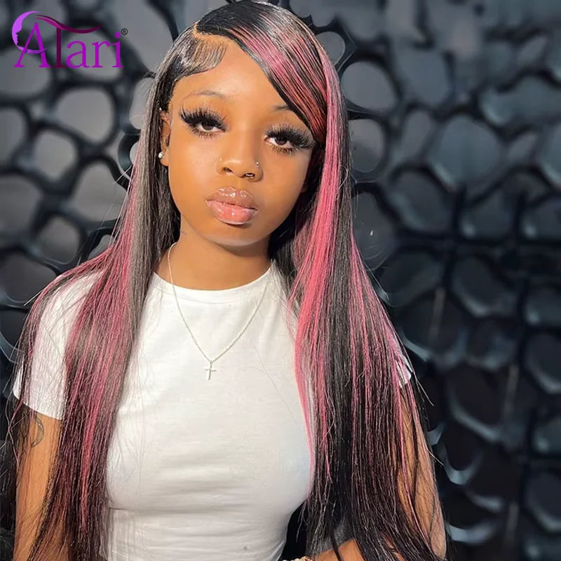 Purple Highlights 5x5 Lace Closure Human Hair Wigs Transparent 13x4 13x6 P1B Light Pink Lace Frontal Straight Wig Pre Plucked