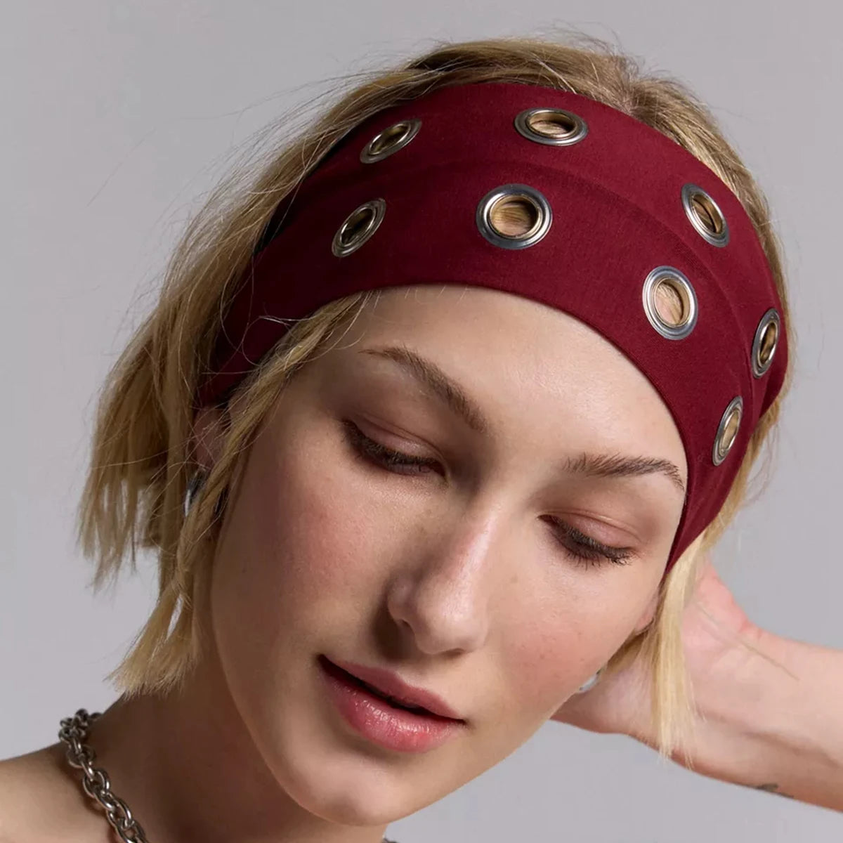 AWAYTR Punk Girl Fabric Hollow Elastic Headbands Metal Rock Personalized Hollow Eyelets Hair Band Casual Sports Grommet Headband