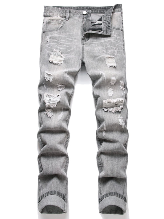 Denim Jeans Slim Fit Comfort Straight Leg Casual Mid Waist Denim Pants Grey Trousers Men Clothing