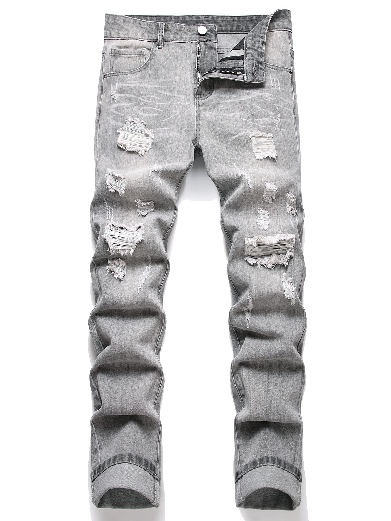 Denim Jeans Slim Fit Comfort Straight Leg Casual Mid Waist Denim Pants Grey Trousers Men Clothing