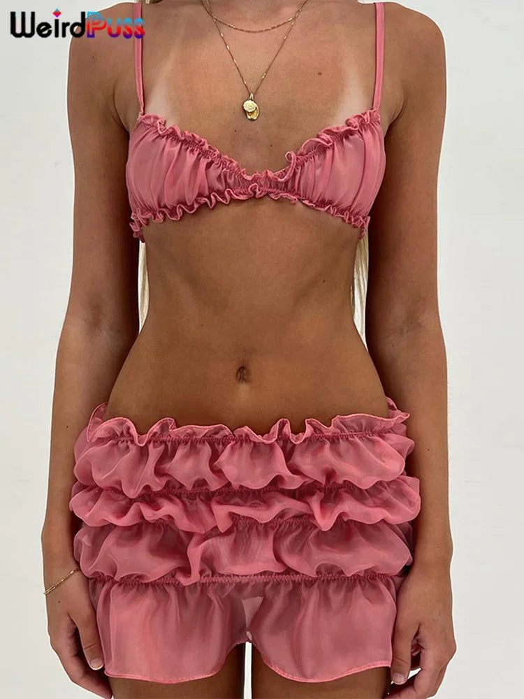 Weird Puss Ruffles 2 Piece Set Women Summer Vacation Beach Style Thin Camisole+Ruched Sexy Peach Hip Skirts Matching Clubwear