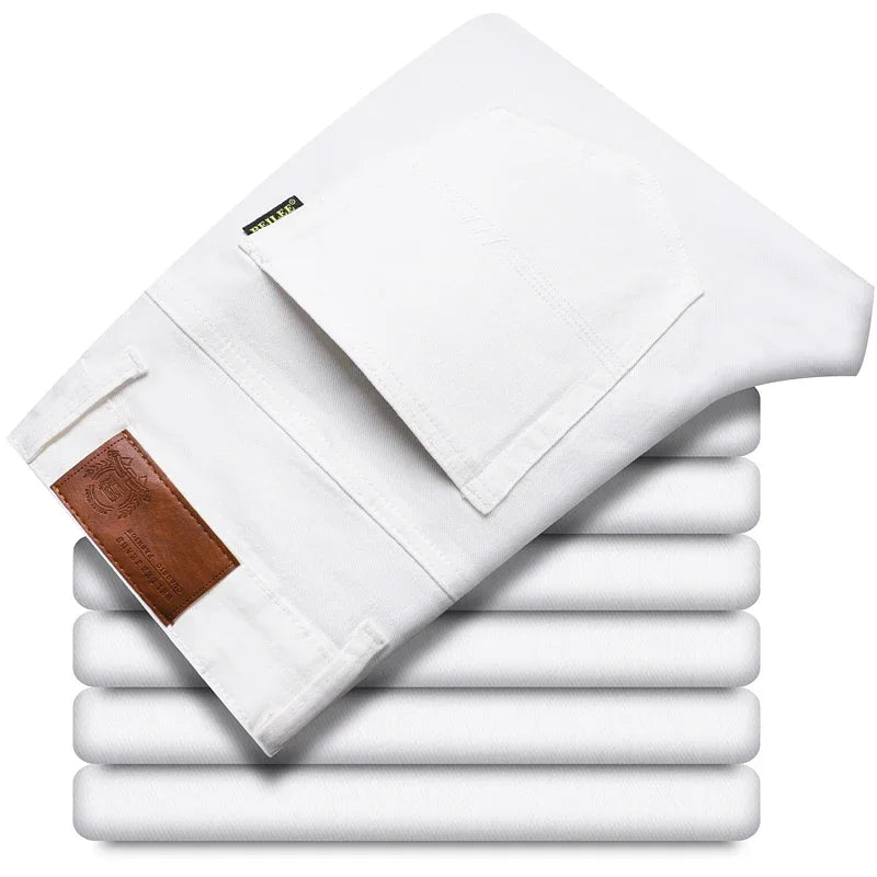 White Yellow Pink fashion 5 Color Men's Cotton Casual Pants Jeans Slim Straight Solid Color Business Trousers Four Seasons Brand