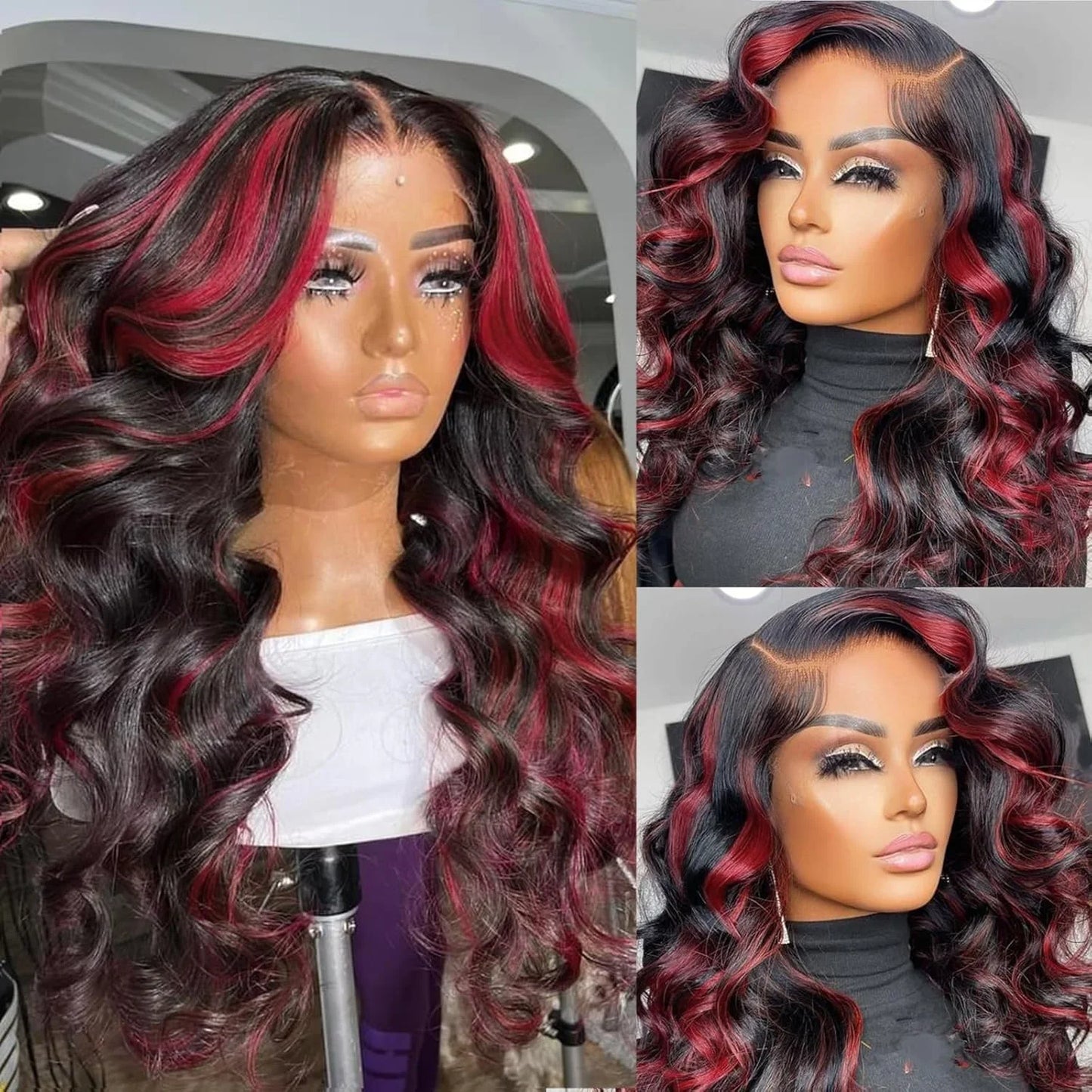 1B/99J Omber Black With Red 5x5 Highlight Lace Front Closure Body Wave Glueless Wigs Human Hair Brazilian Burgundy Colored Wigs