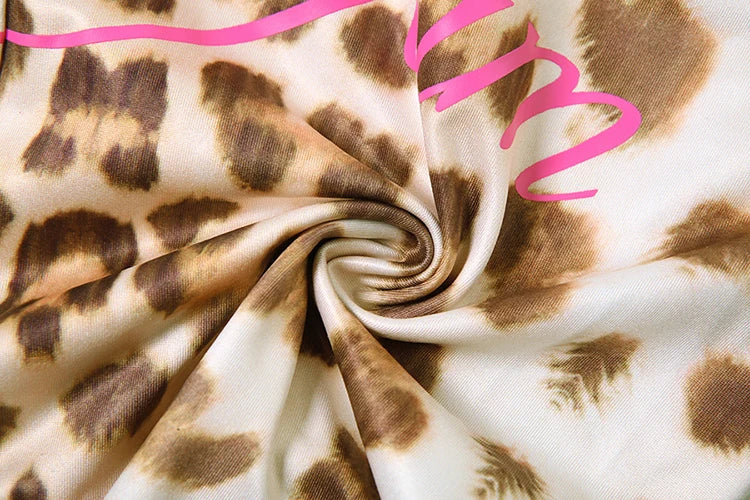 Weird Puss Letter Print Women Tracksuit 2Piece Set Leopard Zip Hooded Jacket+Biker Shorts Matching Street Stretch Activity Suits