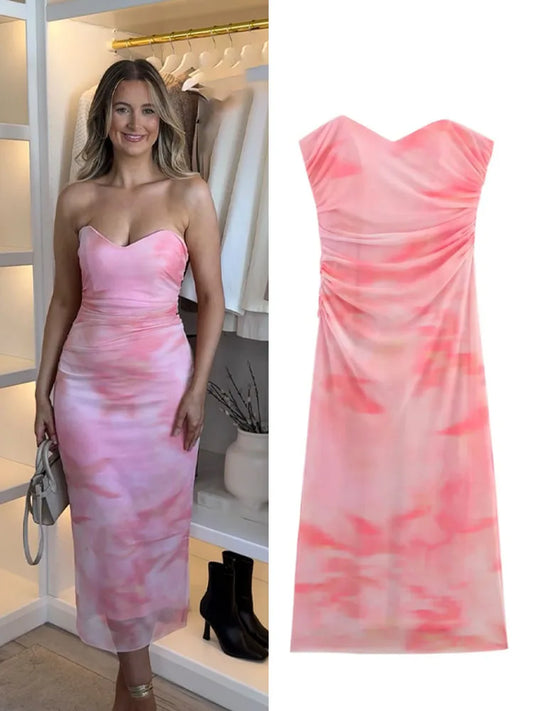 HH Women Summer Beach Style Dresses Strapless Sleeveless Pleated Zipper Female Printed Split Hem Tulle Backless Midi Dress