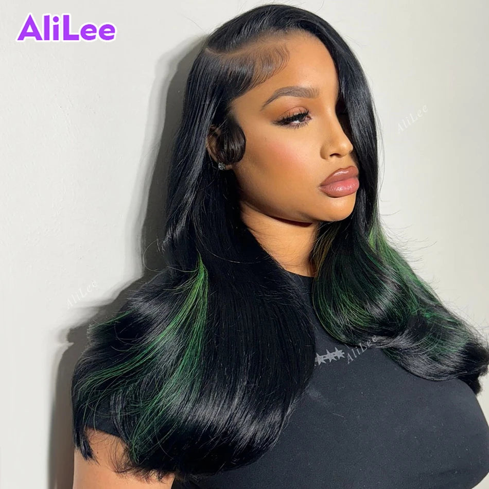 Highlight Green with Black Color Transparent Body Wave 13x6 13x4 Lace Frontal Human Wigs for Women Pre Plucked with Baby Hair
