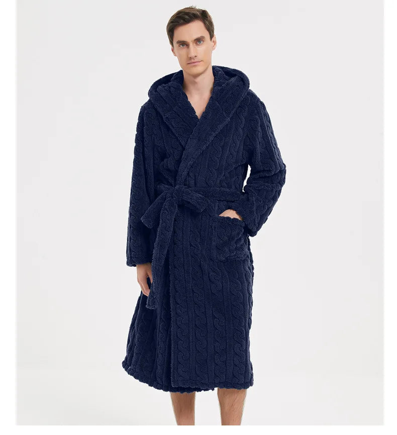 Warm Sleepwear Thicken Jacquard Flannel Men Robe Plush Coral Fleece Hooded Bathrobe Gown Winter Lounge Wear Home Wear Nightwear