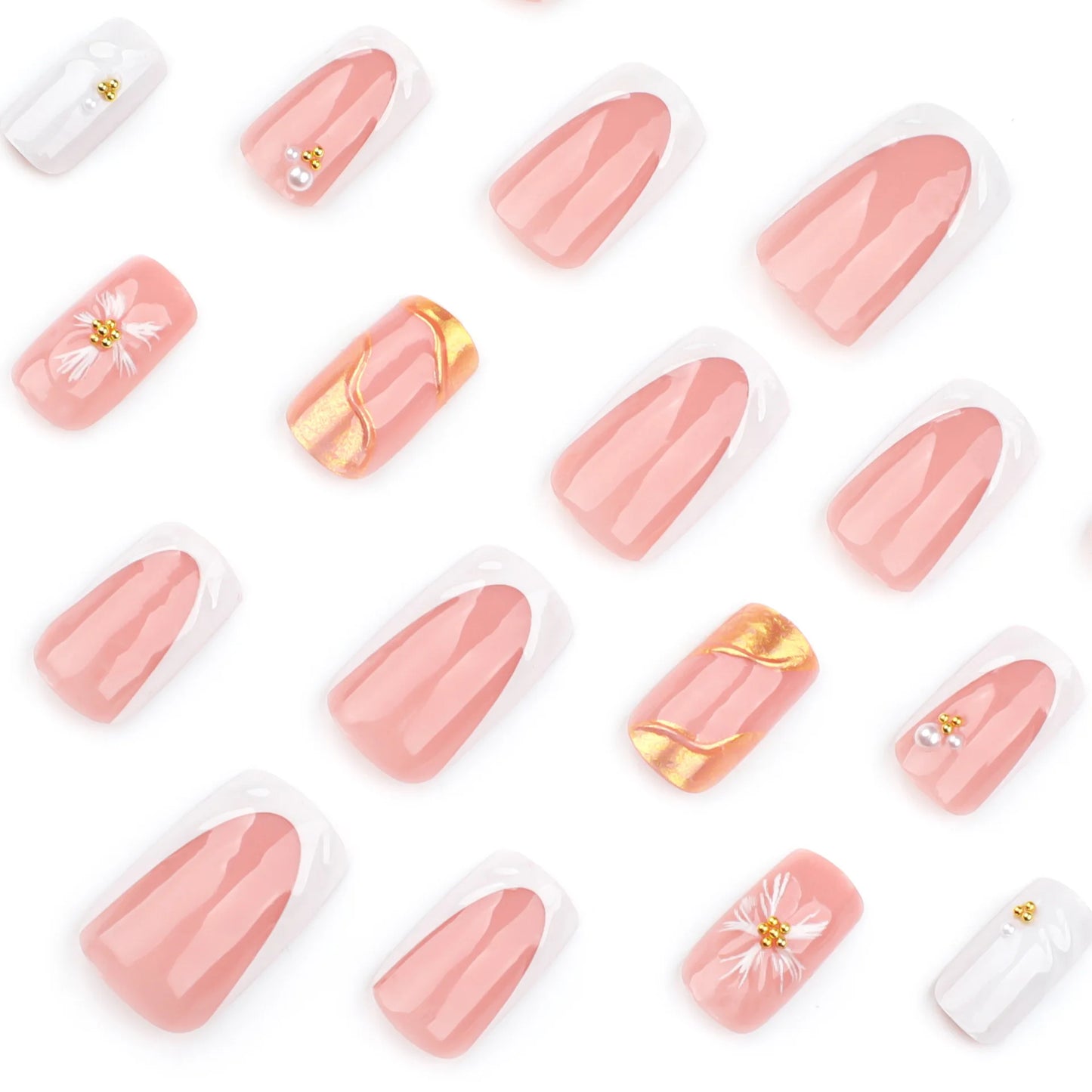 24pcs Short French Press on Nails with 3D Flower Design Fake Nail Tips Wearable Full Cover European Coffin Ballet Fake Nails