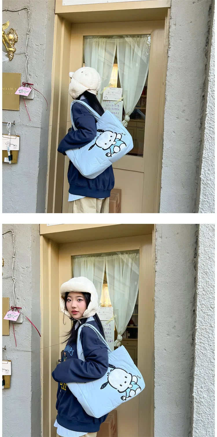 Sanrio Kawaii Hello Kitty Kuromi Tote Bags Cute My Melody Pochacco Cartoon Down Cotton Large Capacity Shoulder Bag Gifts Girls